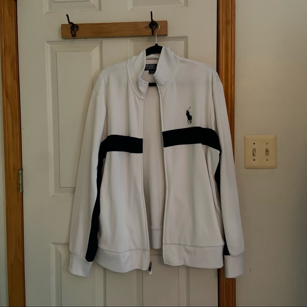 Men’s XL White Zip Up Sweatshirt Polo by Ralph Lauren Black Stripe Never Worn